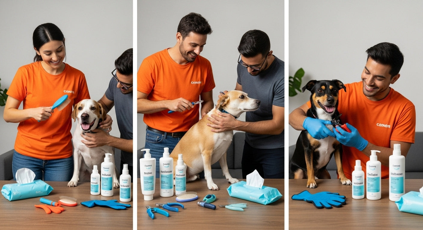 dog grooming accessories, owners grooming dogs, modern pet care