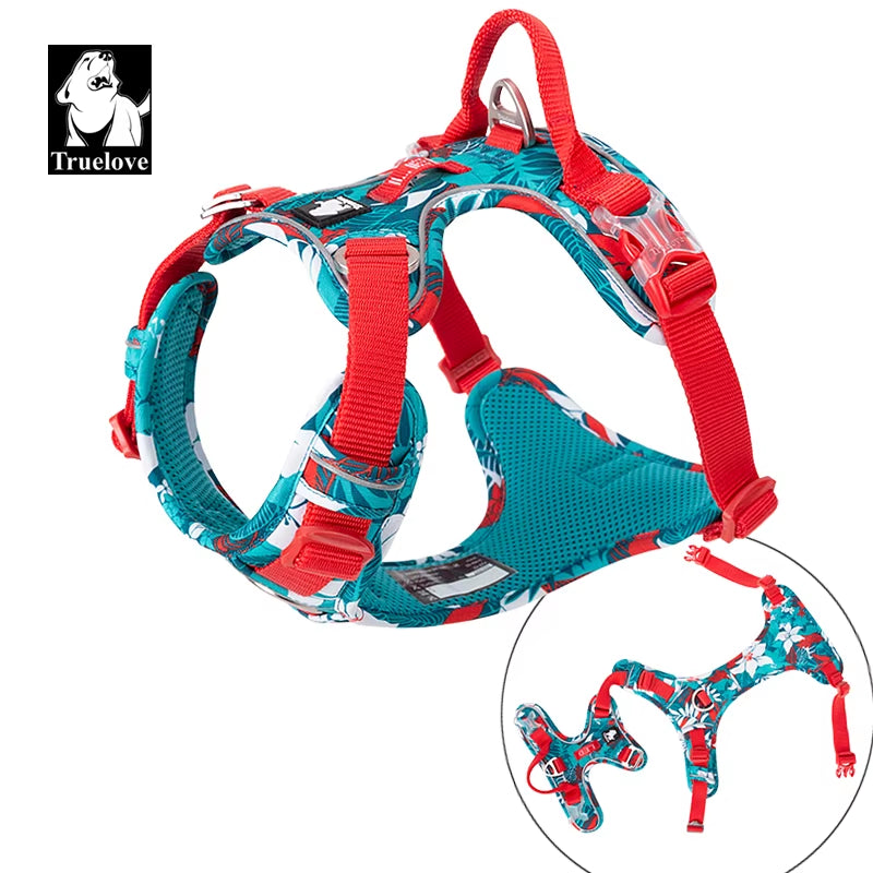 Dog harness with red and blue pattern on a white background, featuring the Truelove brand.