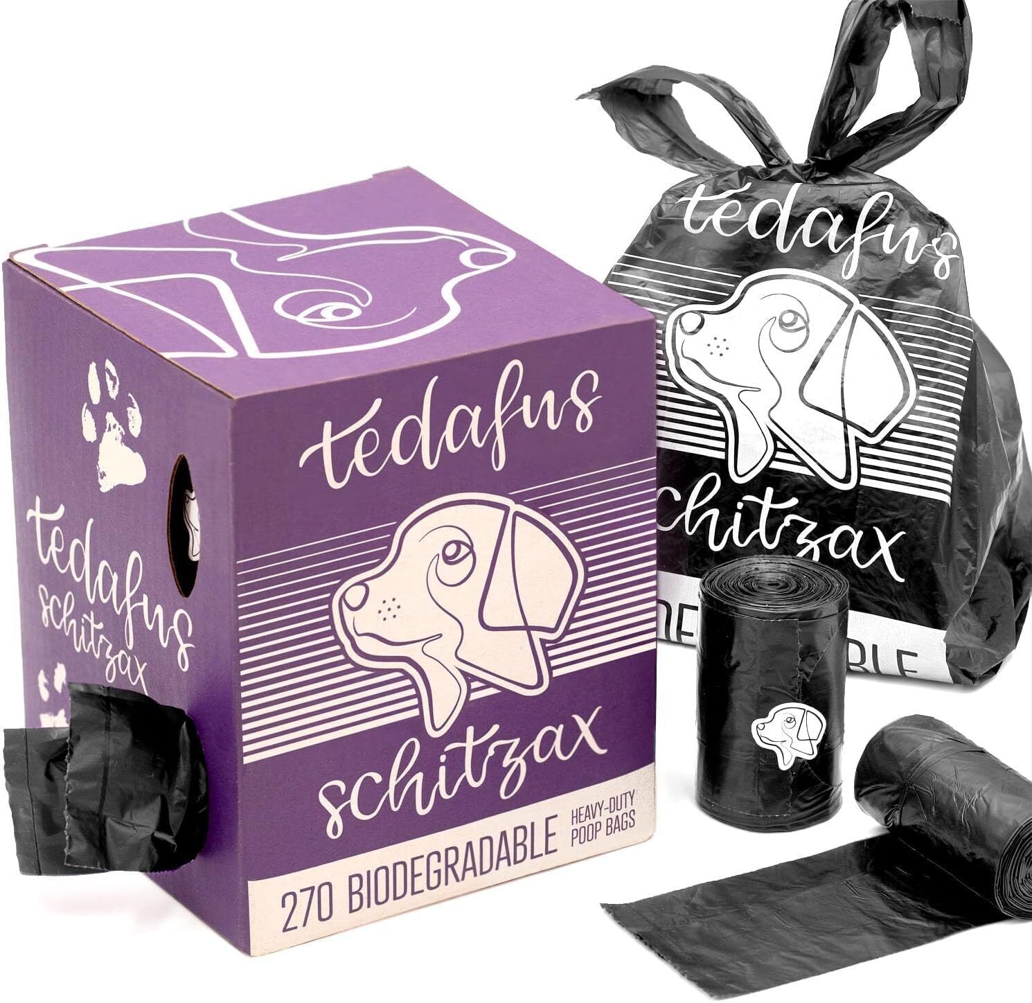 Biodegradable dog poop bags in cordless eco packaging