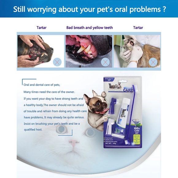 Pet dental care product set with images of pets and text about oral problems.