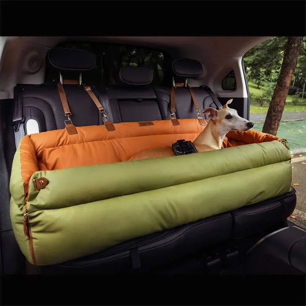 Deluxe faux leather dog car bed with plush padding for secure and stylish pet travel