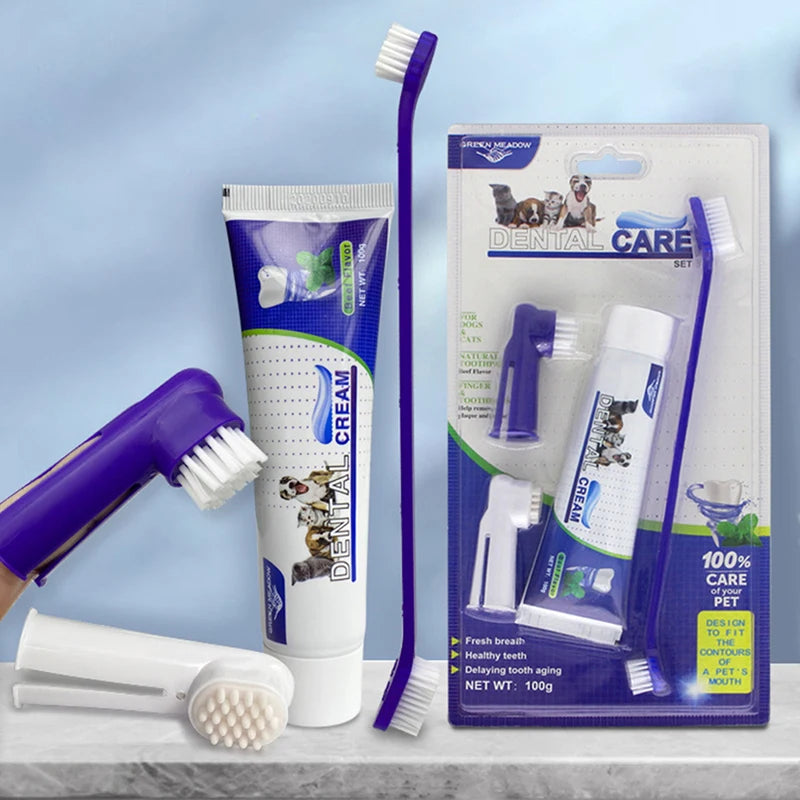 Dog dental care kit with toothpaste, toothbrush, finger brush, and dental wipes