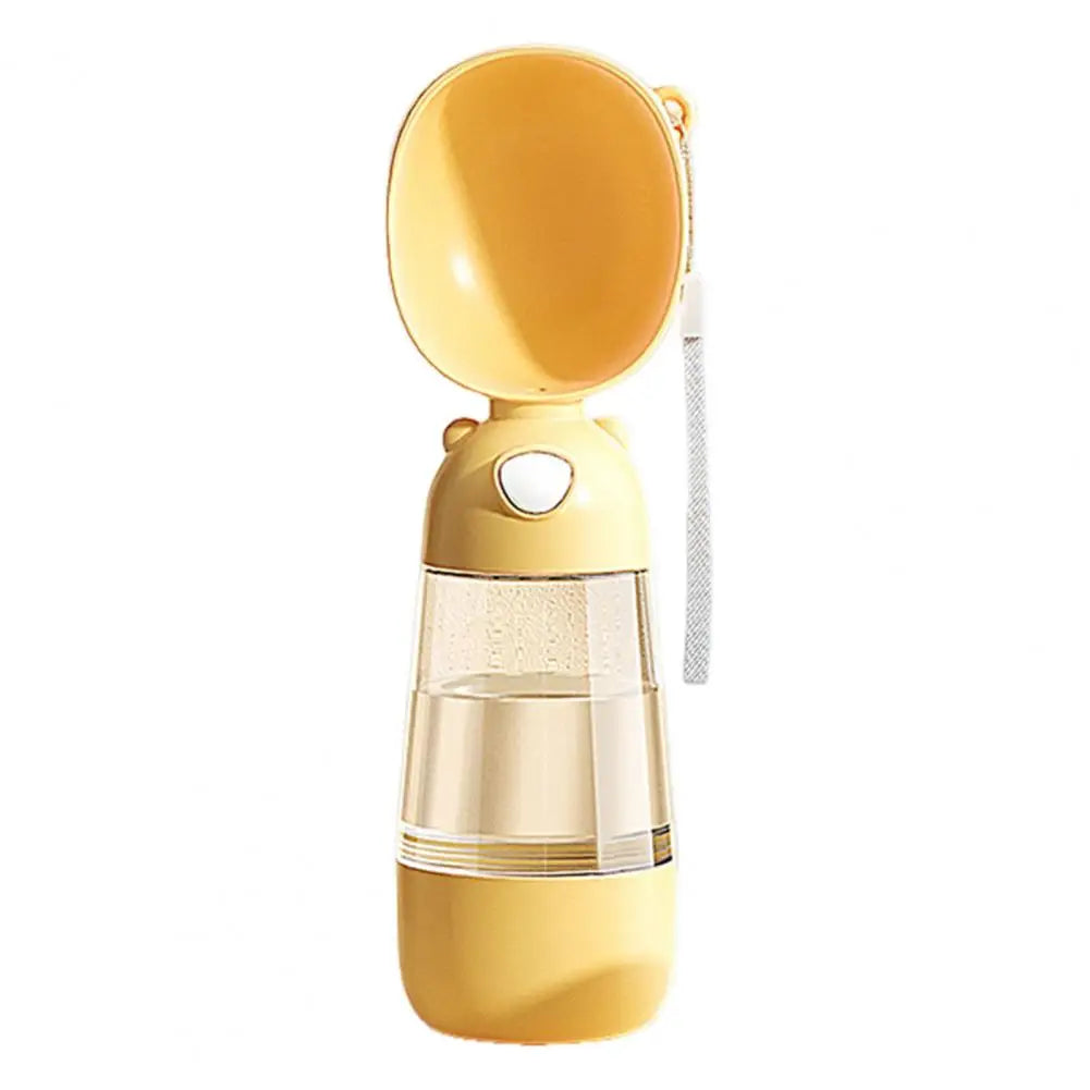 Portable dog water bottle with squeeze bowl and built-in poop bag dispenser