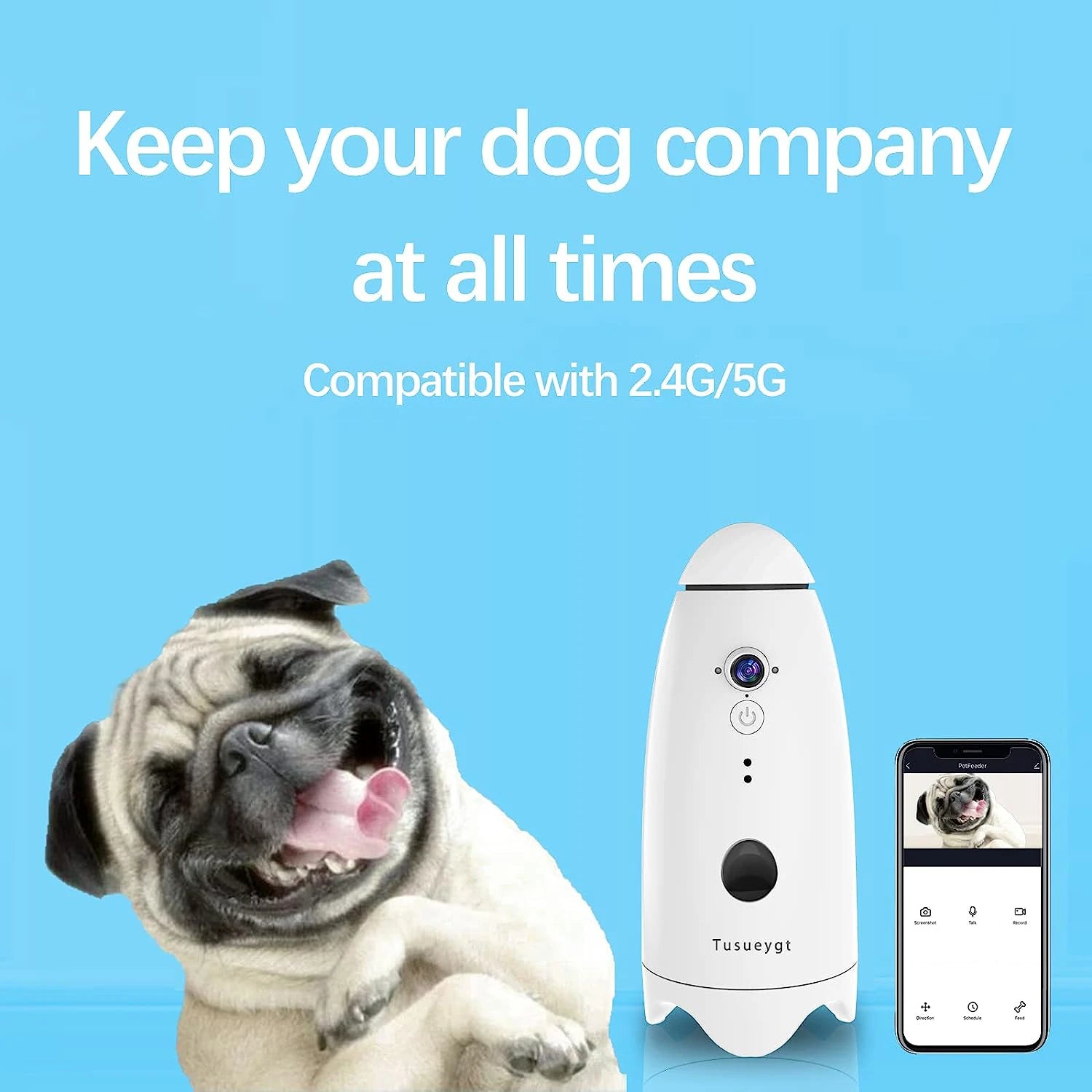 White smart pet camera with treat dispenser, 1080p resolution, wide-angle, and two-way audio