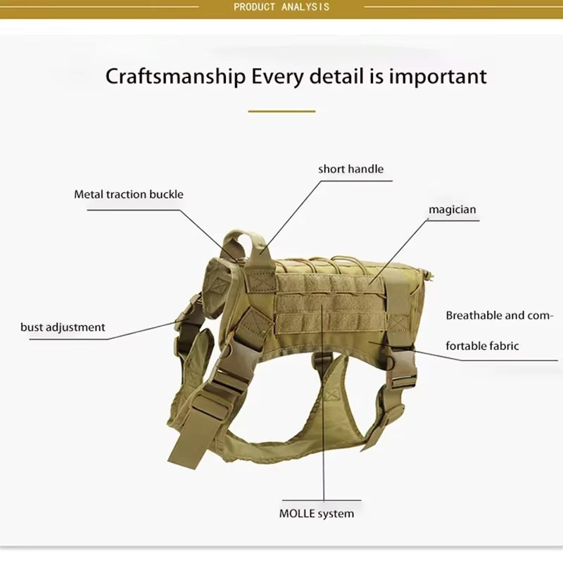 Big Dog Harness Tactical Camouflage Dog Vest Breathable Easy Handle Tactics Dog Collar Medium Strong Nylon Elastic Pet Dog Leash