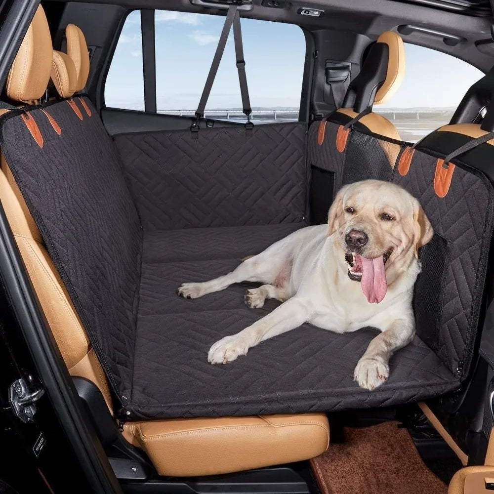 Waterproof, anti-slip dog car seat cover with hard-bottom extension for back seat protection